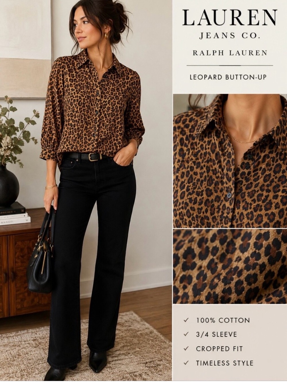 Chaps Classics Ralph Lauren Brown Leopard Button Down Cotton Large